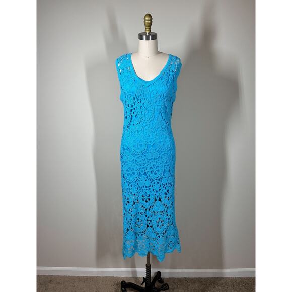 House of Harlow Blue Lace Open Knit Midi Bodycon Dress XS Lined Crochet Colorful - Picture 1 of 16